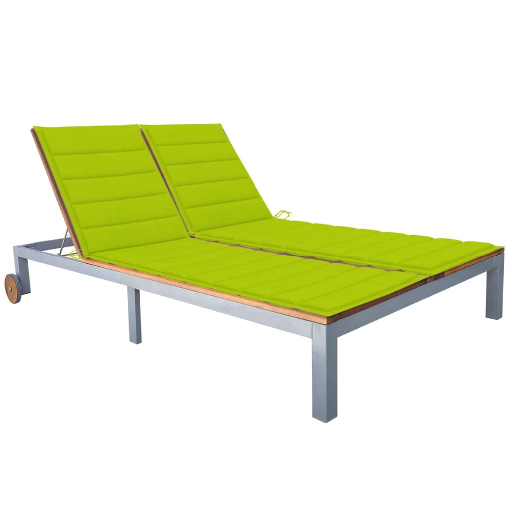 Sezlong de gradina cu perna pentru 2 persoane vidaXL, Lemn de acacia, 207 x 130 x 88 cm, Maro/Verde deschis