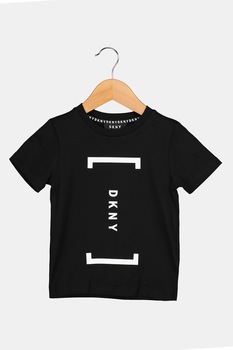 DKNY, Tricou din bumbac cu decolteu la baza gatului si imprimeu logo, Negru/Alb DKNY, Tricou din bumbac cu decolteu la baza gatului si imprimeu logo, Negru/Alb