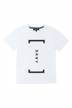 DKNY, Tricou din bumbac cu decolteu la baza gatului si imprimeu logo, Alb/Negru DKNY, Tricou din bumbac cu decolteu la baza gatului si imprimeu logo, Alb/Negru