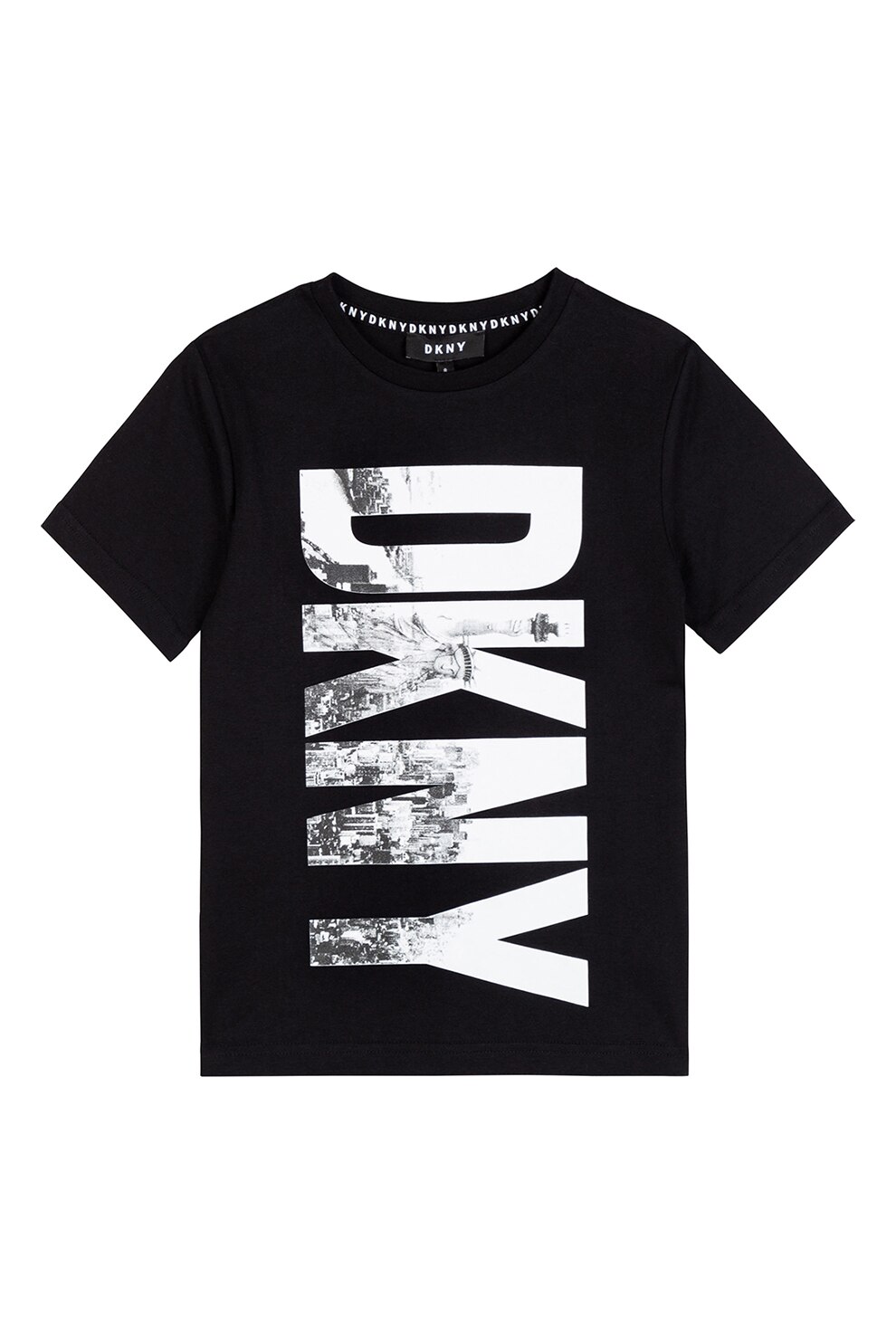 DKNY, Tricou cu decolteu rotund si logo, Negru/Alb/Gri inchis