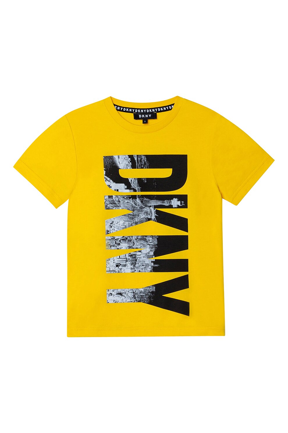 DKNY, Tricou cu decolteu rotund si logo, Galben/Negru/Gri cenusa