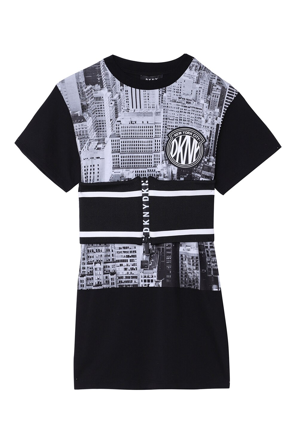 DKNY, Rochie tricou cu imprimeu grafic, Negru/Gri deschis