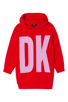 DKNY, Rochie cu gluga si imprimeu logo, Rosu vermilion/roz DKNY, Rochie cu gluga si imprimeu logo, Rosu vermilion/roz