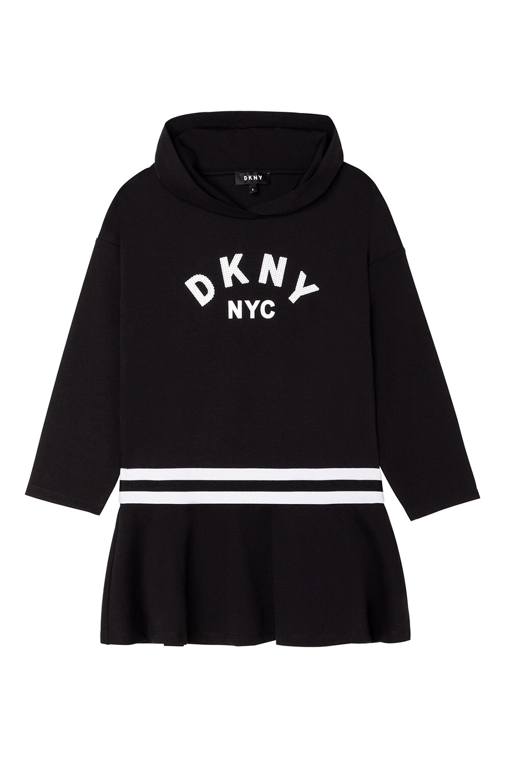 DKNY, Rochie cu gluga si imprimeu logo, Negru/Alb