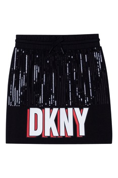 DKNY, Fusta mini cu paiete si imprimeu logo, Negru/Alb DKNY, Fusta mini cu paiete si imprimeu logo, Negru/Alb