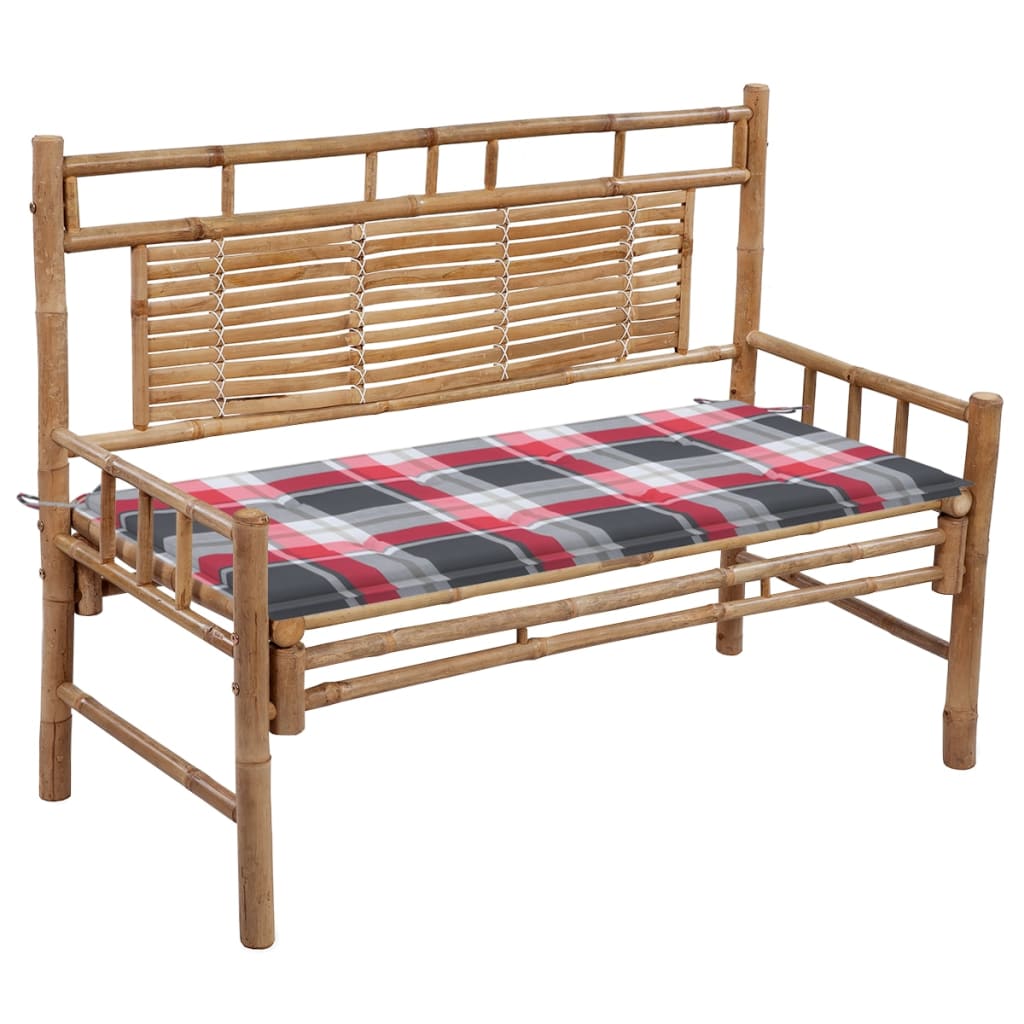 Banca de gradina din bambus cu perna cu model carouri vidaXL, Bambus, 120 x 55 x 90 cm, Maro/Multicolor