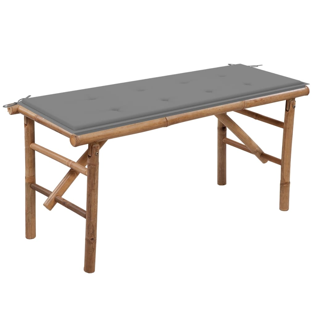 Banca de gradina pliabila din bambus cu perna vidaXL, Bambus, 118 x 38 x 45 cm, Maro/Gri