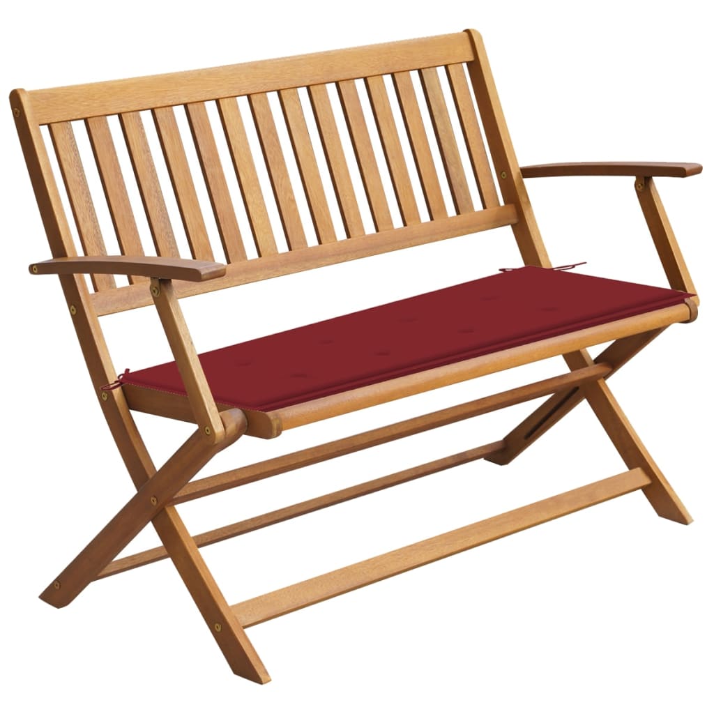 Banca de gradina cu 2 locuri cu perna colorata vidaXL, Lemn de acacia, 120 x 60 x 89 cm, Maro/Rosu vin