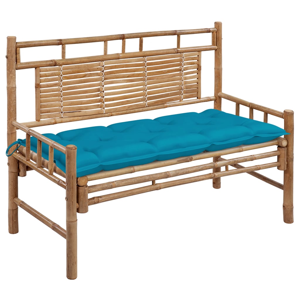 Banca de gradina din bambus cu perna vidaXL, Bambus, 120 x 55 x 90 cm, Maro/Albastru deschis