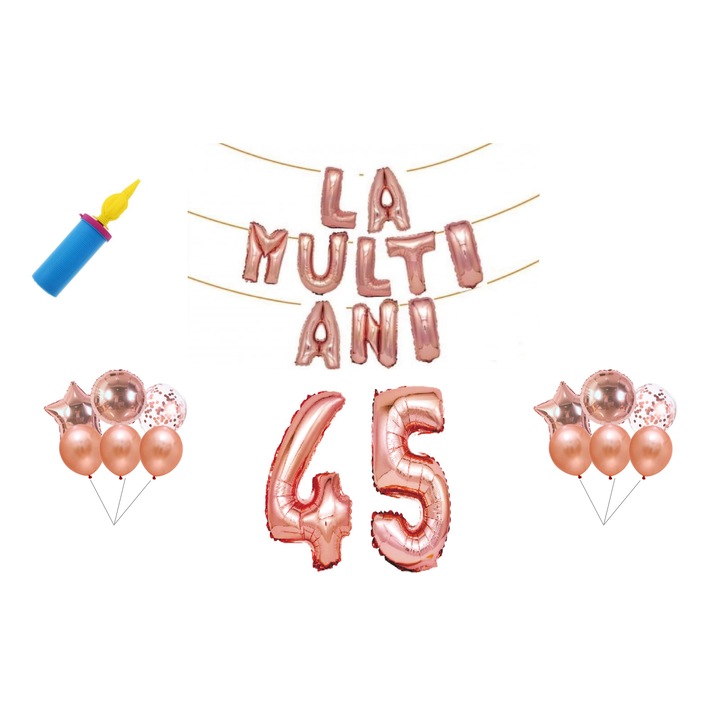 Set baloane aniversare , 45 ani , La multi ani , Rosegold, cake topper cadou , 30buc