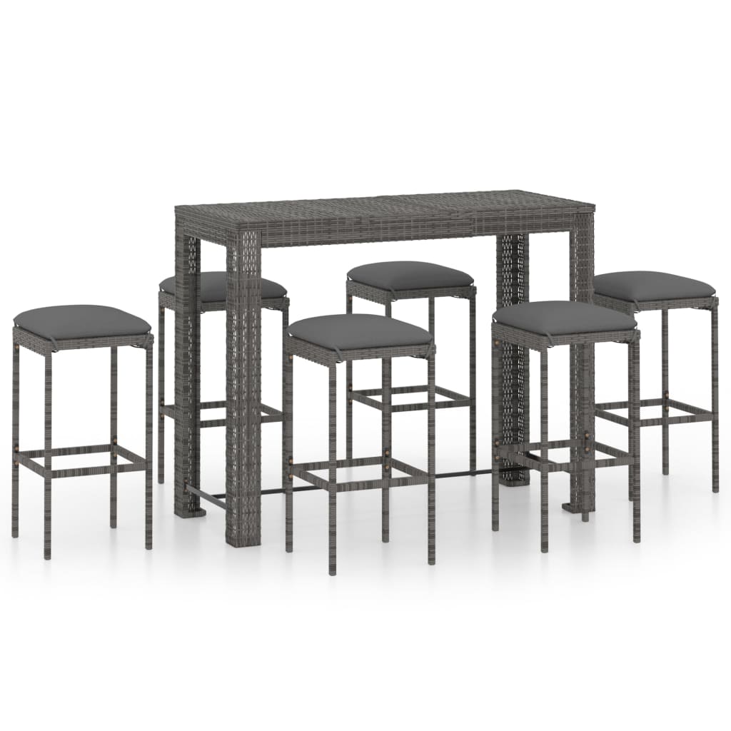 Set mobilier bar de gradina din 7 piese cu perne gri vidaXL, Poliratan, 140.5 x 60.5 x 110.5 cm, Gri