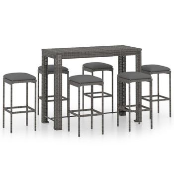 Set mobilier bar de gradina din 7 piese cu perne gri vidaXL, Poliratan, 140.5 x 60.5 x 110.5 cm, Gri Set mobilier bar de gradina din 7 piese cu perne gri vidaXL, Poliratan, 140.5 x 60.5 x 110.5 cm, Gri