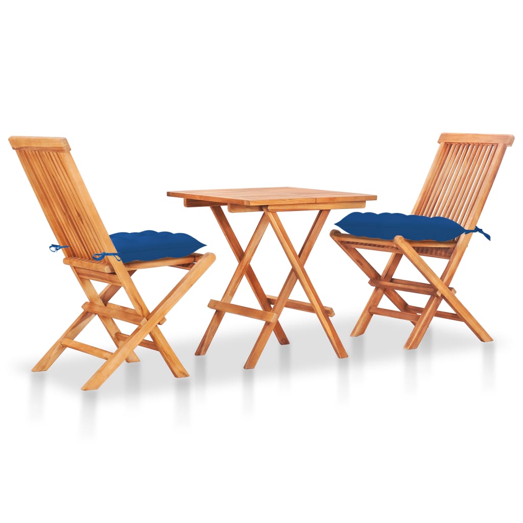 Set mobilier bistro de exterior din 3 piese pliabile cu perne vidaXL, Lemn de tec, 60 x 60 x 65 cm, Albastru