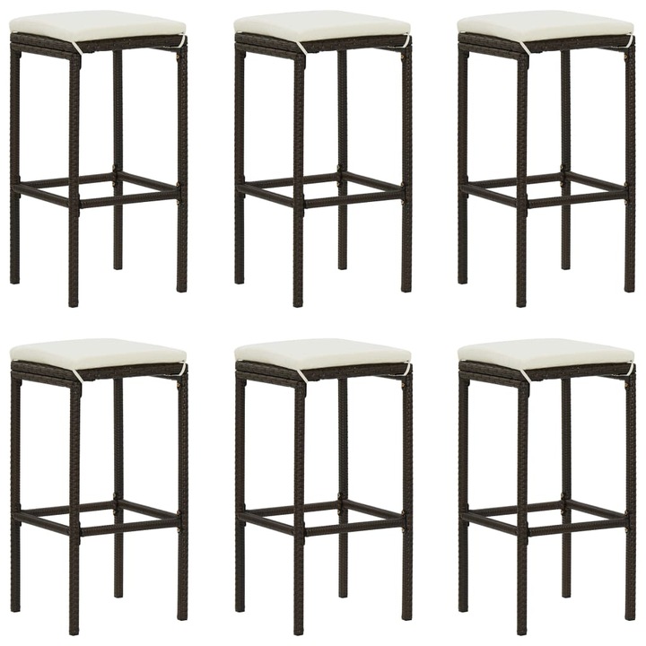 Set scaune de bar cu perne 6 buc. maro vidaXL, poliratan, 38 x 38 x 76 cm, 22 kg