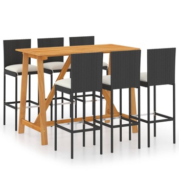 Set mobilier bar de gradina din 7 piese cu perne vidaXL, 140 x 70 x 104 cm, Negru Set mobilier bar de gradina din 7 piese cu perne vidaXL, 140 x 70 x 104 cm, Negru