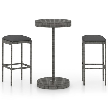 Set mobilier bar de gradina din 3 piese cu perne vidaXL, Poliratan, 60.5 x 106 cm, Gri Set mobilier bar de gradina din 3 piese cu perne vidaXL, Poliratan, 60.5 x 106 cm, Gri
