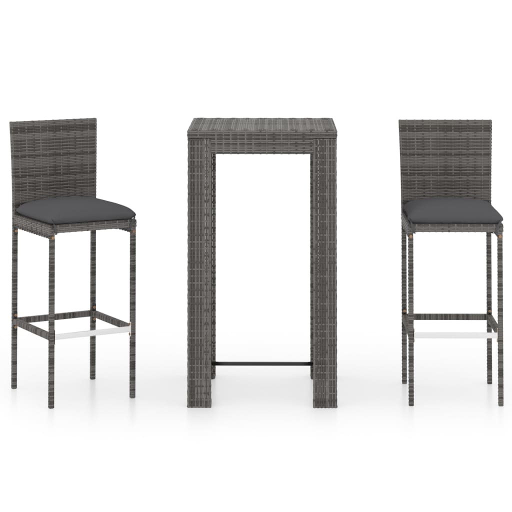 Set mobilier bar de gradina din 3 piese cu perne vidaXL, Poliratan, 60.5 x 60.5 x 110.5 cm, Gri