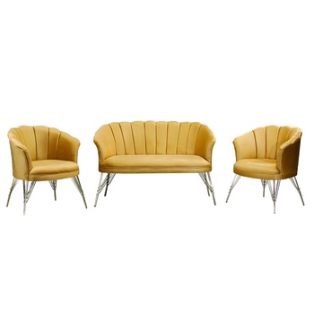 Set Canapea cu doua fotolii cafea, Margareta Modela, Galben, 130 x 75 x 81 cm Set Canapea cu doua fotolii cafea, Margareta Modela, Galben, 130 x 75 x 81 cm