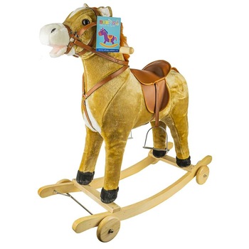 Calut balansoar, confectionat din lemn si plus, crem, cu rotile, 86x37x78(h) cm, Robentoys Calut balansoar, confectionat din lemn si plus, crem, cu rotile, 86x37x78(h) cm, Robentoys