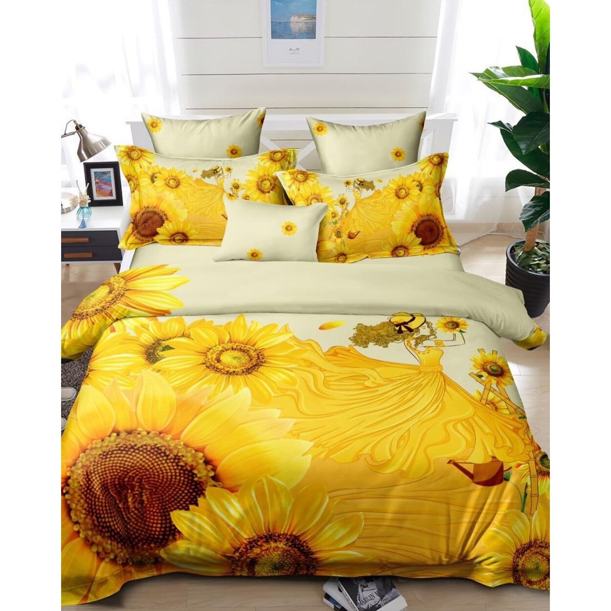 Set Lenjerie Bumbac Finet cu 2 Fete, 6 Piese, Pat 2 Persoane, Sunflower Dress