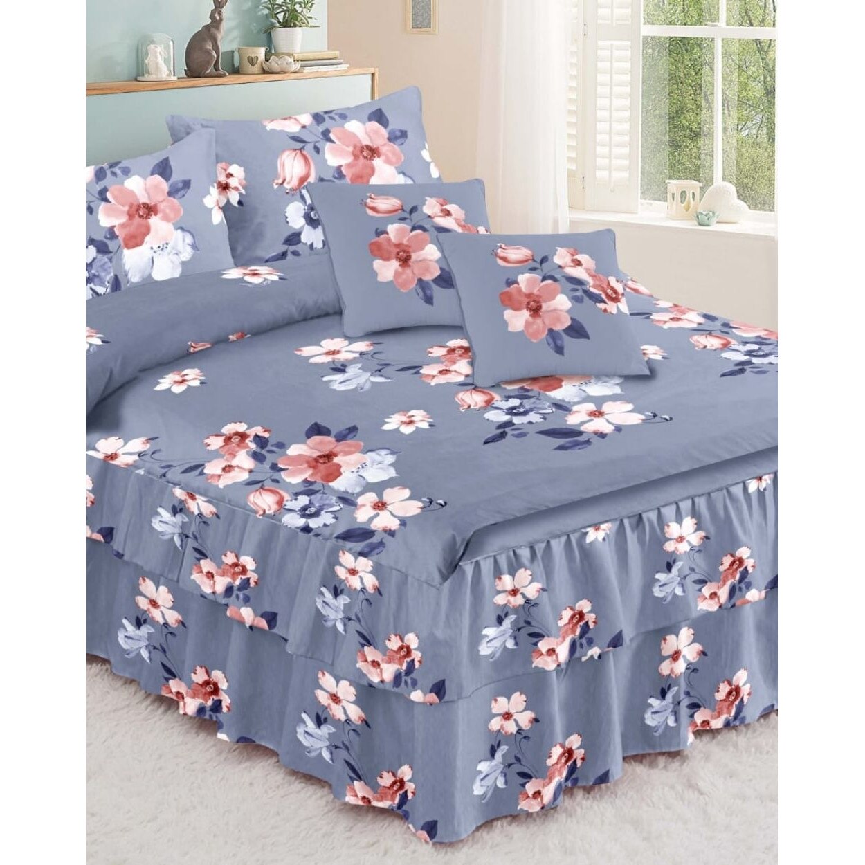 Set Lenjerie Finet Satinat cu Volanase, 6 Piese, Pat 2 Persoane, FNVC-83