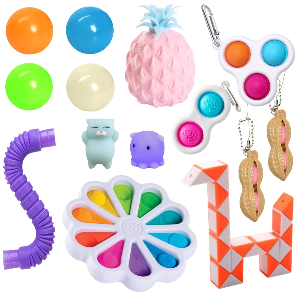 Set 14 Jucarii Zenuk® - Simple Dimple, Squishy Ball, Breloc, Pop Tubes, Fidget Toys, Antistres, Multicolor