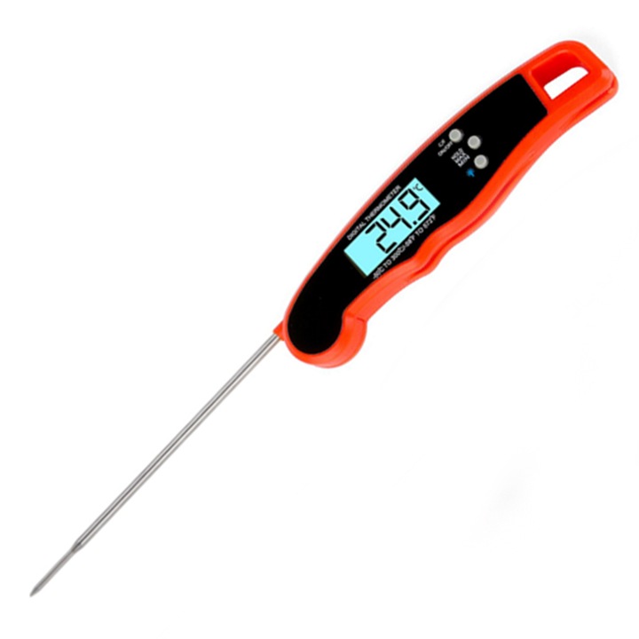 Termometru alimentar, Sundiguer®, pentru carne, metalic, cu tija, Rezistent la apa IP67, 3 butoane, Oprire automata, LCD, -50 ° C - + 300 ° C, Rosu/Negru