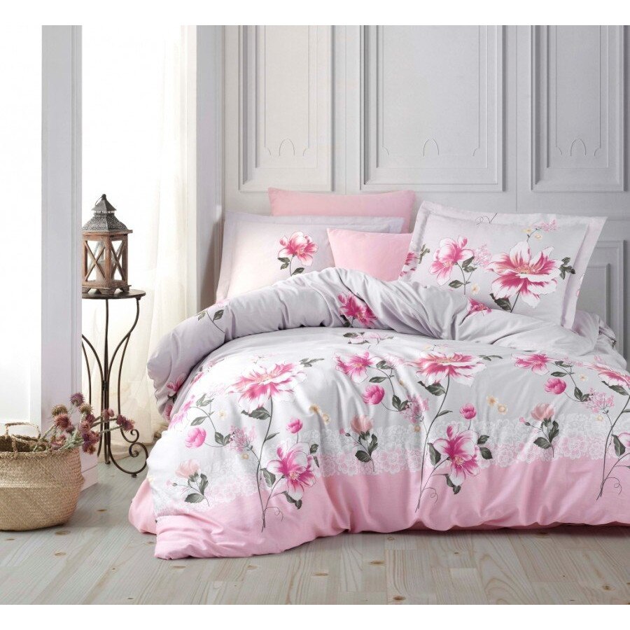 Set lenjerie de pat dublu 6 piese satin de lux, 240x260 cm, Bahar Home Colection, Aida Pink