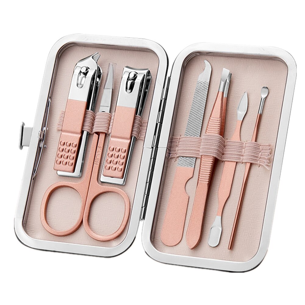 Set manichiura/pedichiura, 7 piese, Otel inoxidabil, Roz