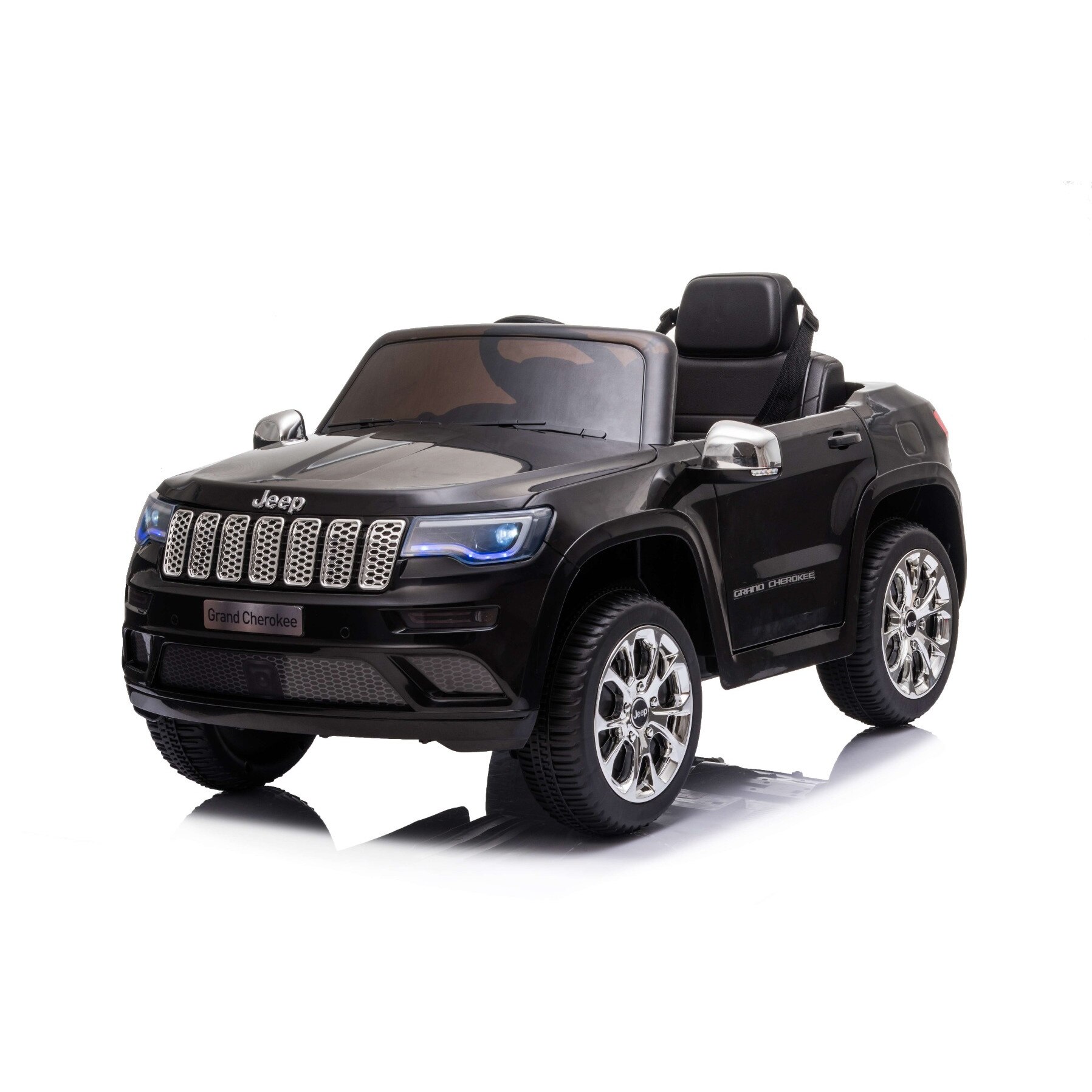 Masina electrica de jucarie JEEP GRAND CHEROKEE 12V, negru, scaun din piele, telecomanda de 2,4 GHz, intrare USB / AUX, suspensie, baterie de 12V, roti EVA moi, MOTOR 2 X 35W, licenta ORIGINALA