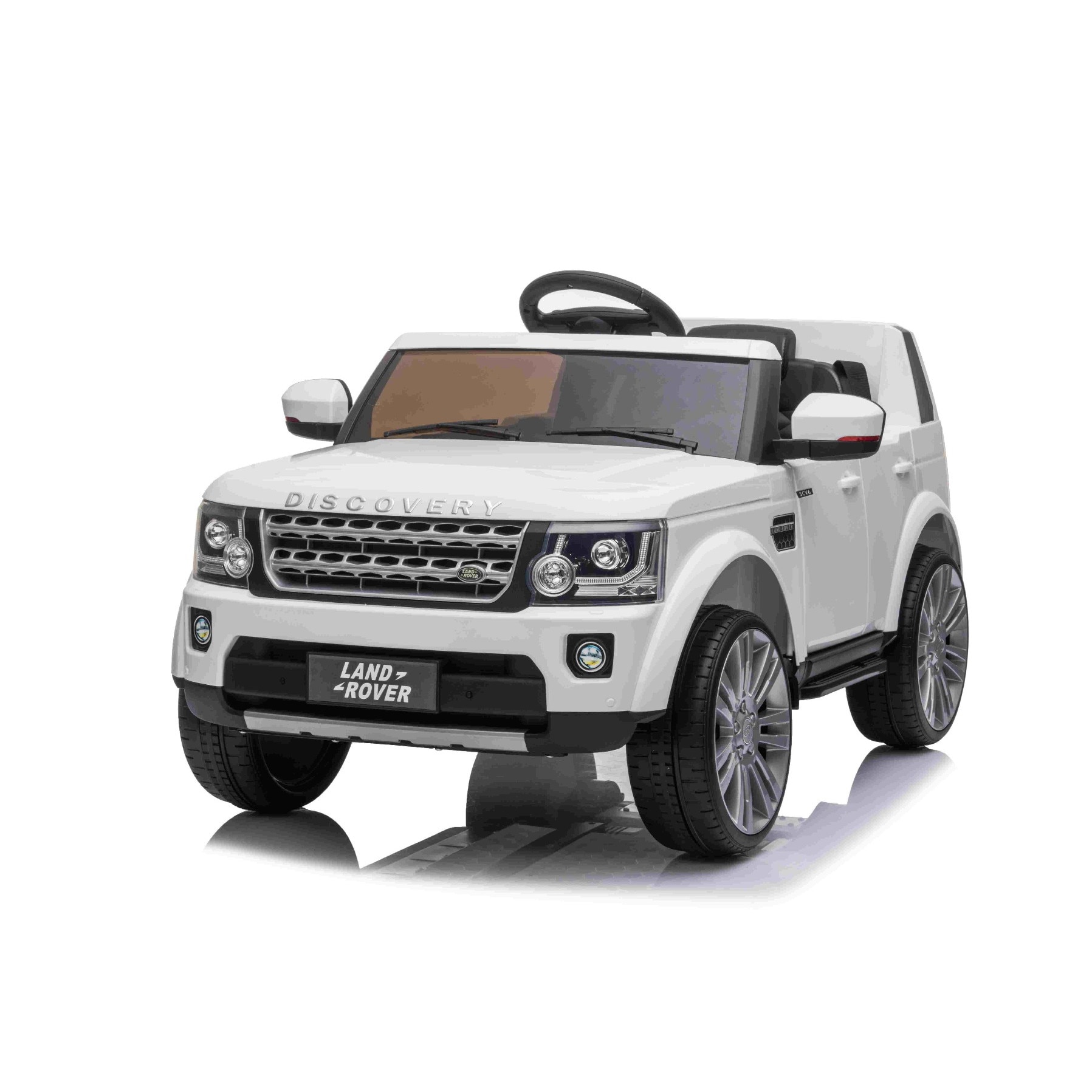 Masina electrica Land Rover Discovery, alb, cu licenta originala, alimentata cu baterie, lumini LED, deschiderea usilor si a capotei, motoare 2 x 35W, baterie de 12 V, telecomanda de 2,4 Ghz, suspensie, pornire lina, port USB / AUX