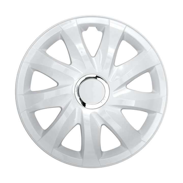 Set 4 capace jante Drift White 14'' alb lacuit, universale, din plastic ABS rezistent la impact si intemperii, montare simpla fara unelte, pentru jante de otel