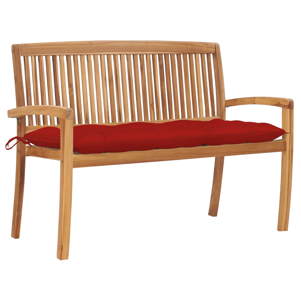 Banca de gradina stivuibila cu perna pentru 2 persoane vidaXL, Lemn de tec, 128.5 x 57.5 x 90 cm, Maro/Rosu