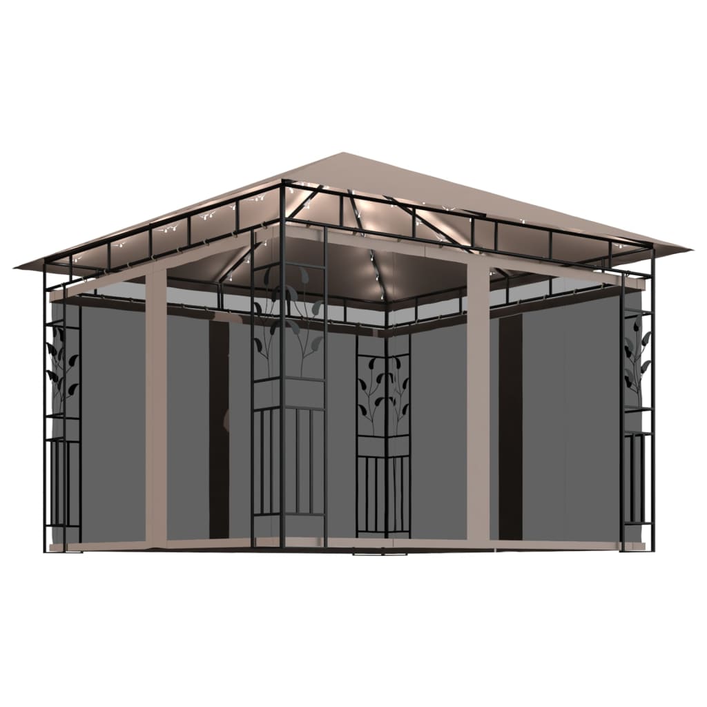 Pavilion de gradina cu lumini si plasa anti-tantari, vidaXL, Poliester - Otel, 3 x 3 x 2,73 m, 180 g/m², Gri taupe