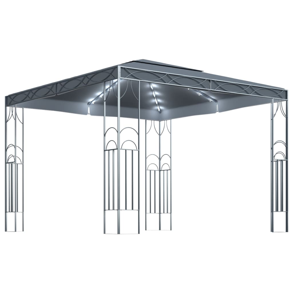 Pavilion de gradina cu perdele si siruri de lumini, vidaXL, Poliester - Otel - Aluminiu, 3 x 3 x 2,7 m, Antracit