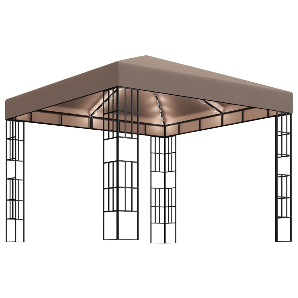 Pavilion de gradina cu siruri de lumini, vidaXL, Poliester - Otel, 3 x 3 x 2,6 m, Gri taupe