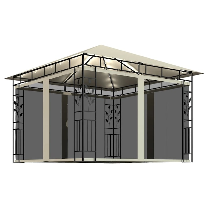 Градинска шатра vidaXL, LED светлини, Мрежа против комари, Полиестер / Стомана, 3 x 3 x 2.73 м, 180 г/м², Крем