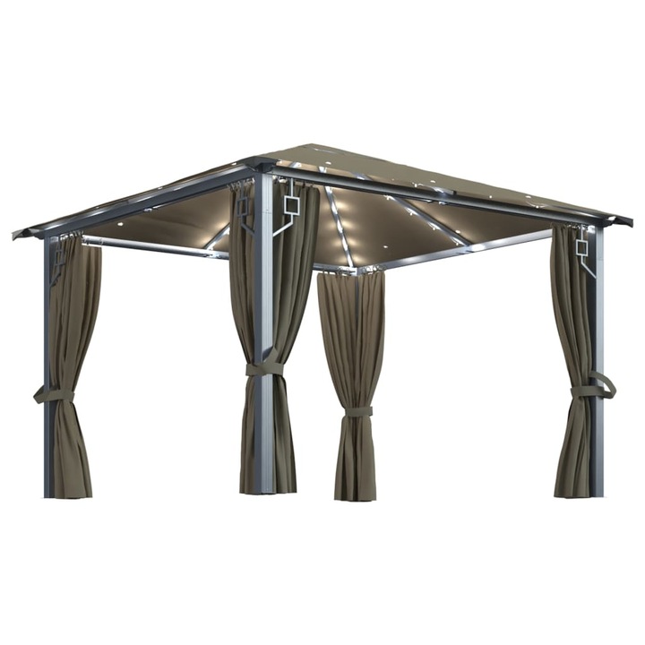 vidaXL Pavilion cu perdele&siruri lumini LED gri taupe 3x3 m aluminiu, 36.2 kg