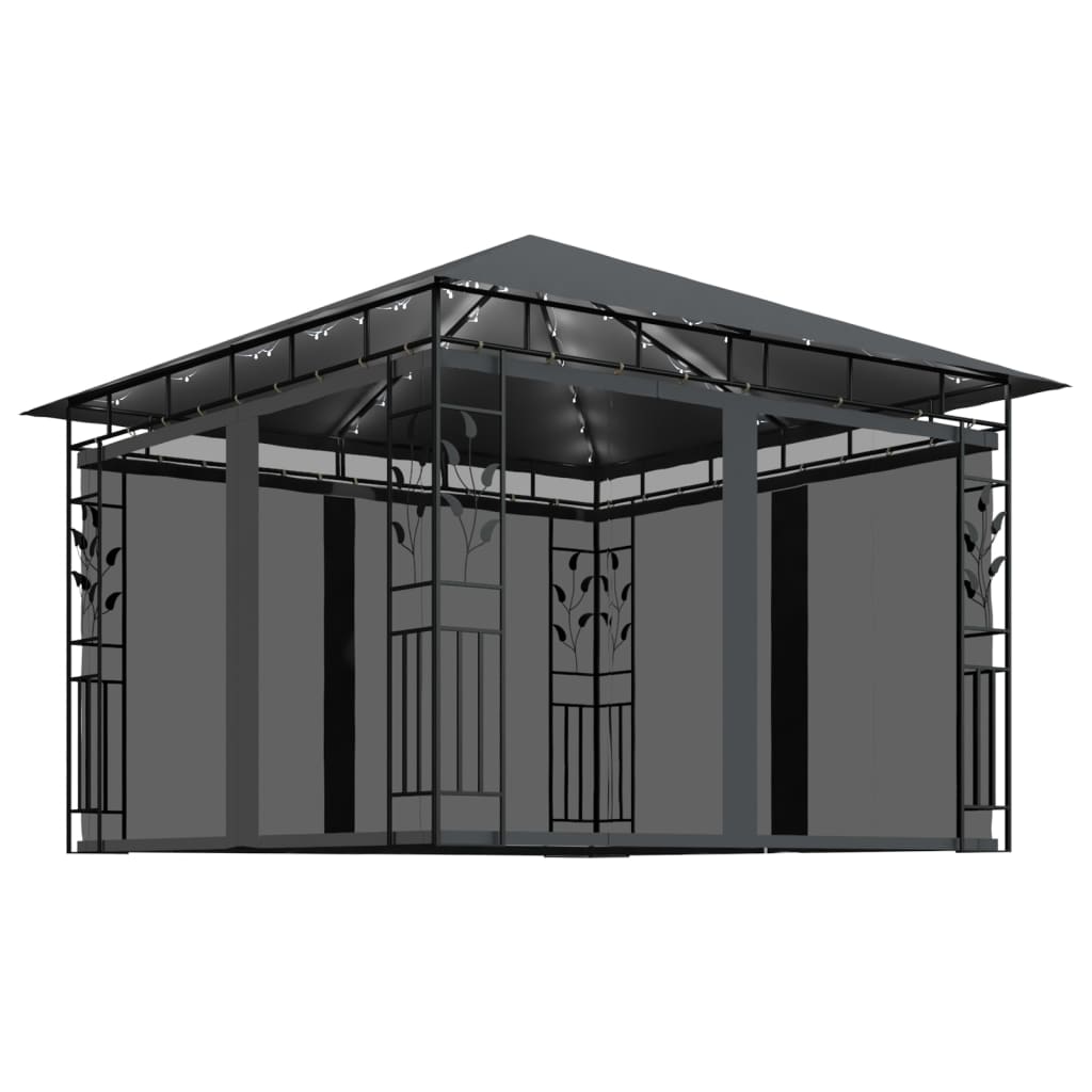 Pavilion de gradina cu lumini si plasa anti-tantari, vidaXL, Poliester - Otel, 3 x 3 x 2,73 m, 180 g/m², Antracit