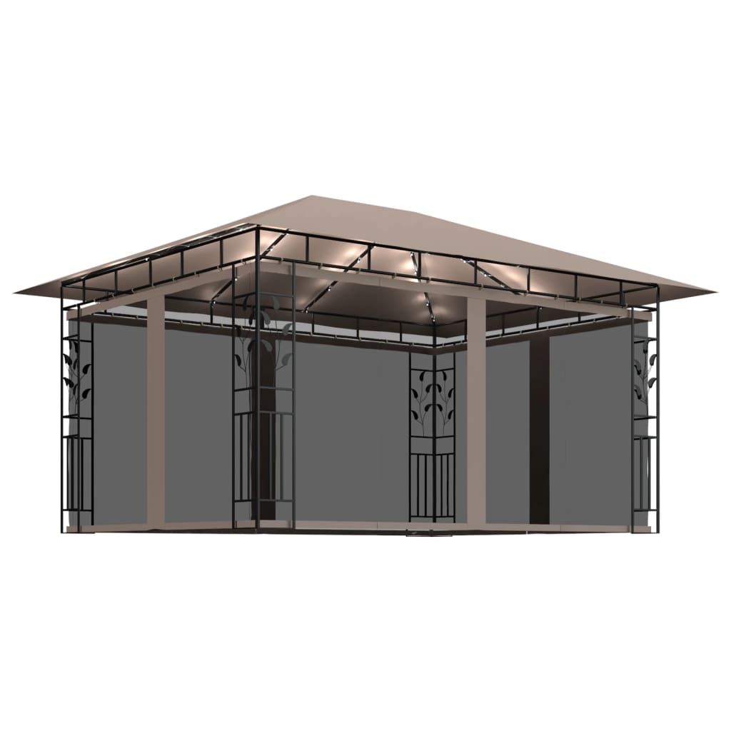 Pavilion de gradina cu lumini si plasa anti-tantari, vidaXL, Poliester - Otel, 4 x 3 x 2,73 m, 180 g/m², Gri taupe