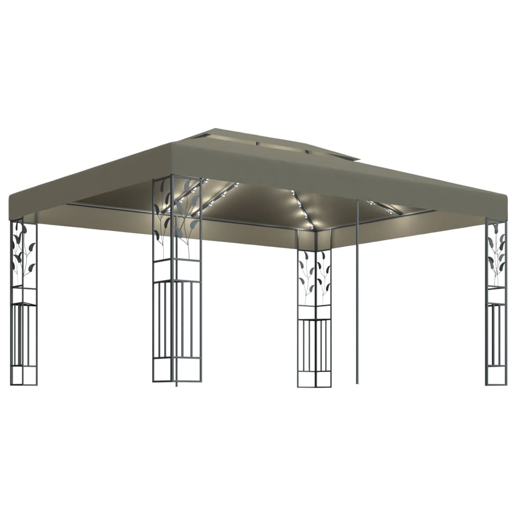Pavilion de gradina cu acoperis dublu si lumini, vidaXL, Poliester - Otel, 3 x 4 x 2,73 m, 180 g/m², Gri taupe