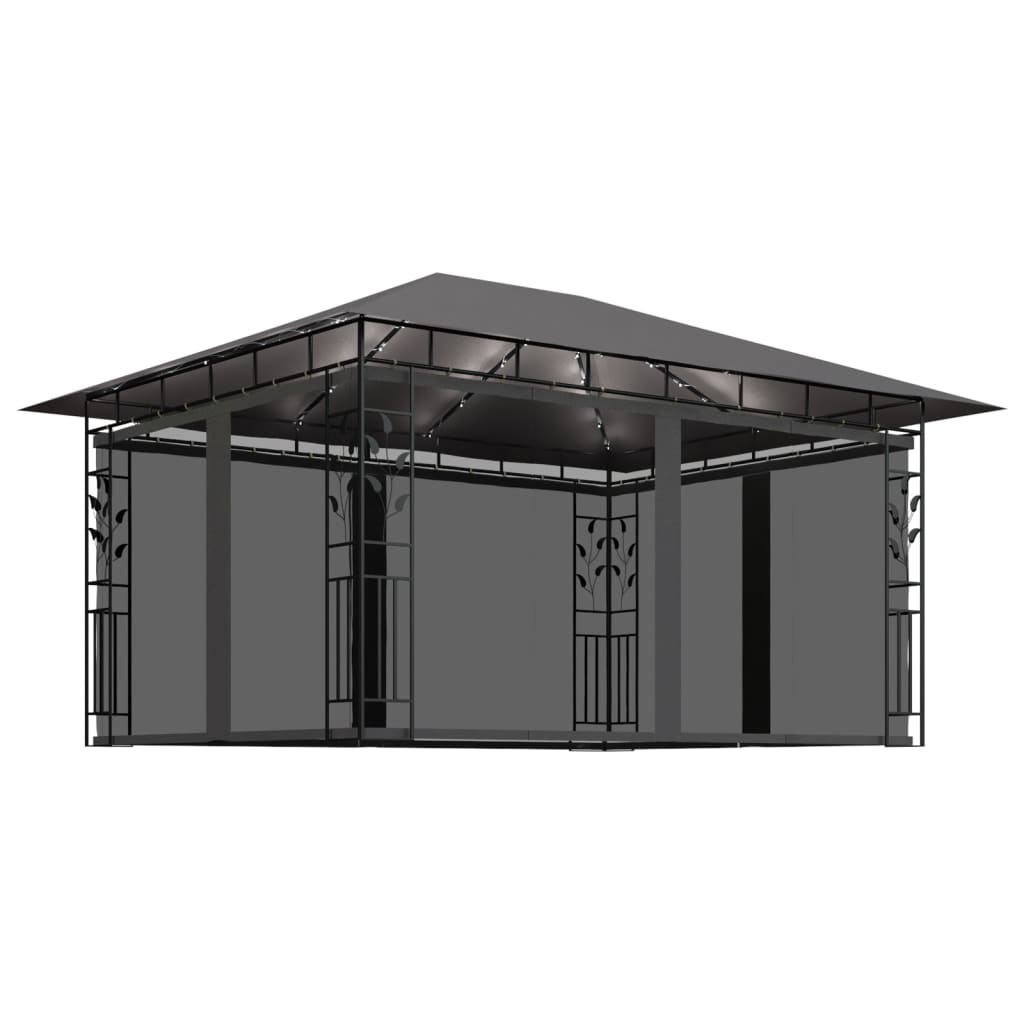 Pavilion de gradina cu lumini si plasa anti-tantari, vidaXL, Poliester - Otel, 4 x 3 x 2,73 m, 180 g/m², Antracit