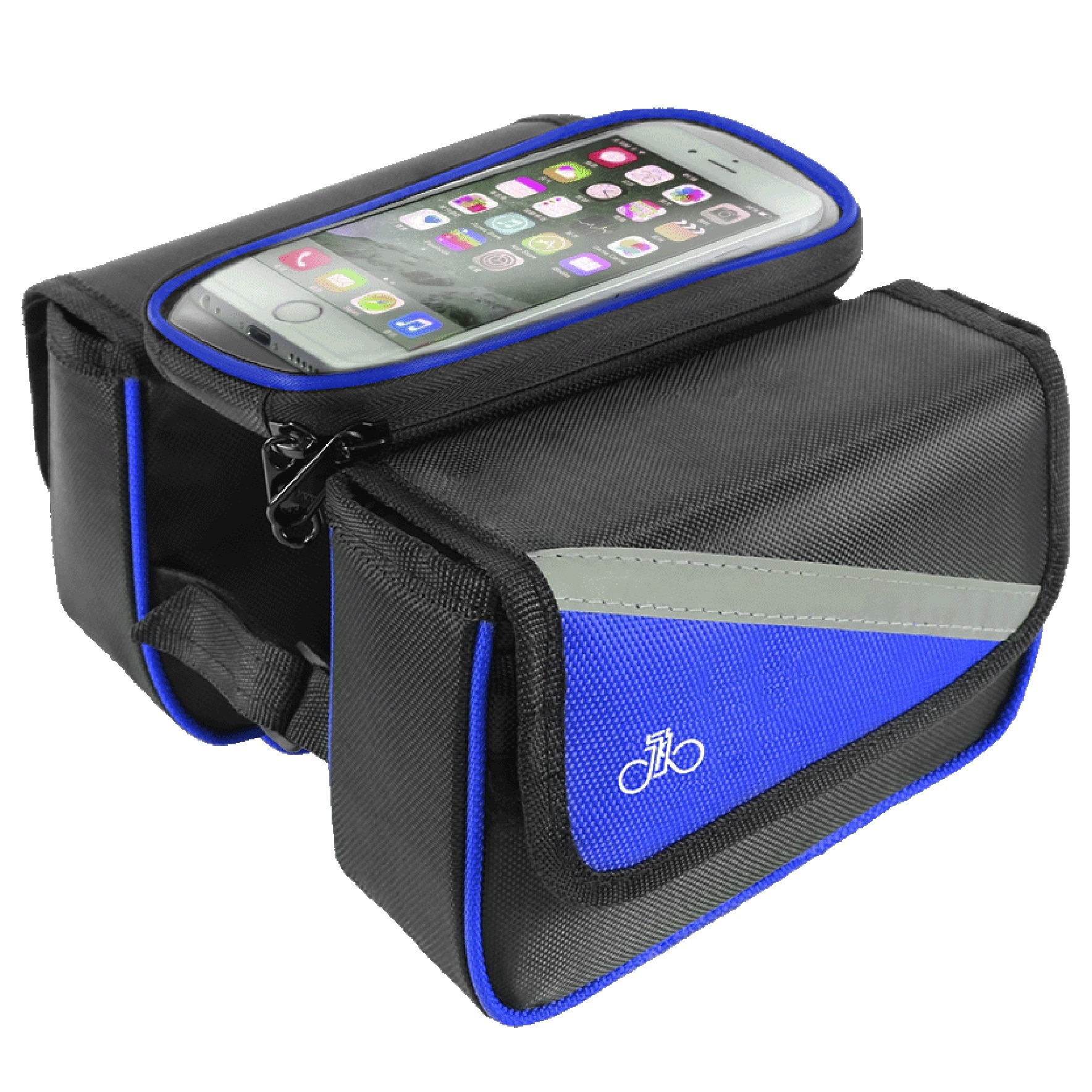 Geanta dubla ciclism cu prindere pe cadru si suport telefon Forever, Culoare negru/albastru