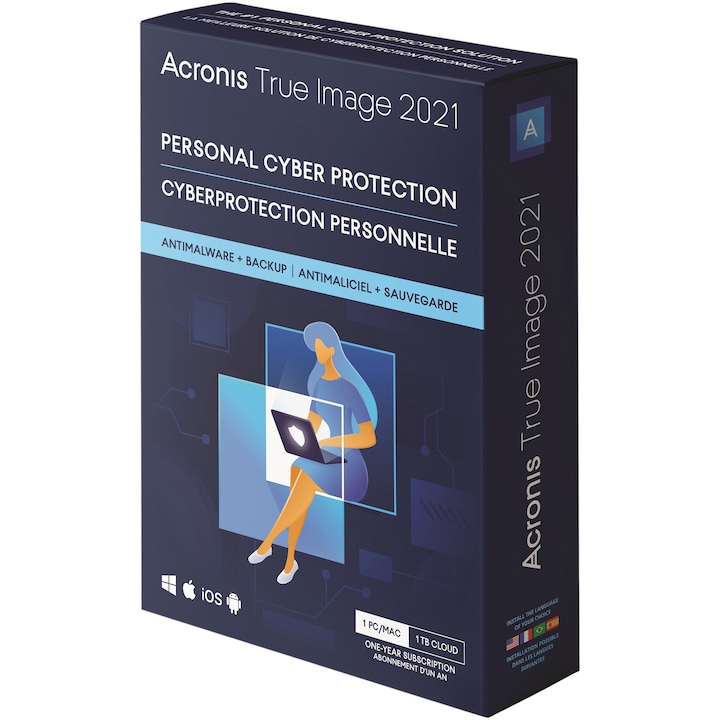 Acronis True Image Premium előfizetés, 1 TB Acronis felhőtárhelyet tartalmaz, 1 számítógépre érvényes, 1 évig érvényes