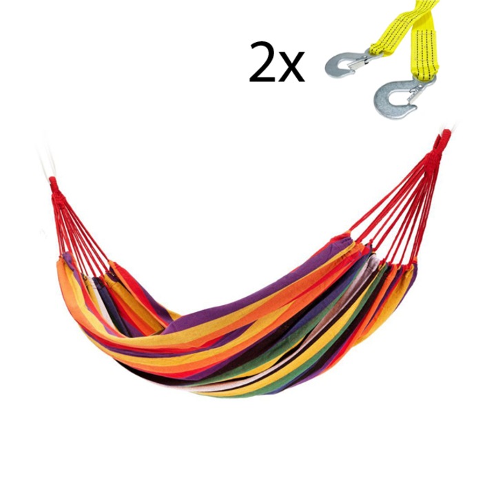 Palmonix dupla függőágy, kétszemélyes, tárolózsákkal, kapacitás 150 kg, 180x150 cm, többszínű + 2 darab felfüggesztő kötél, 3 m hosszúság, fém rögzítőhorgok