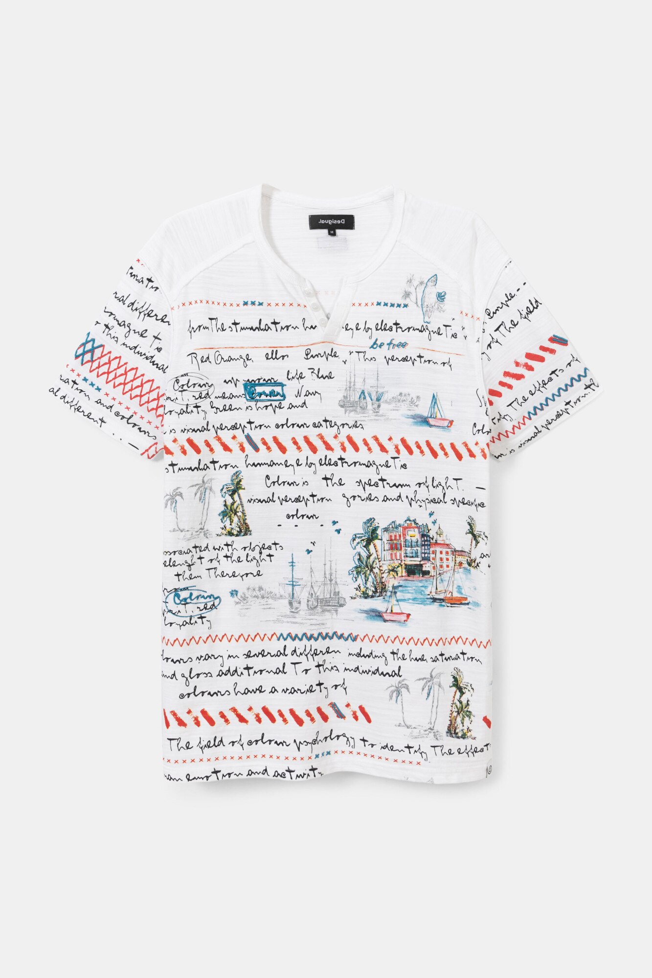 Tricou, Desigual , Regular fit, Cu guler in V, Alb, Alb