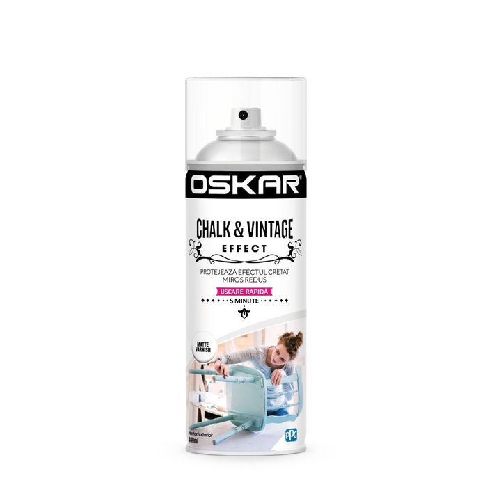 Vopsea spray Oskar chalk & vintage efect, matte varnish, 400 ml