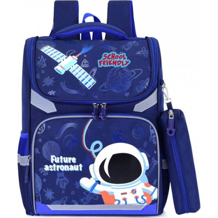 Ghiozdan School Friendly Pregatitoare ergonomic cu penar etui albastru Astronaut