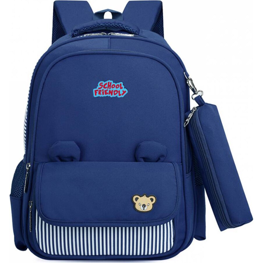 Ghiozdan SCOLAR cu penar etui albastru inchis Ursulet