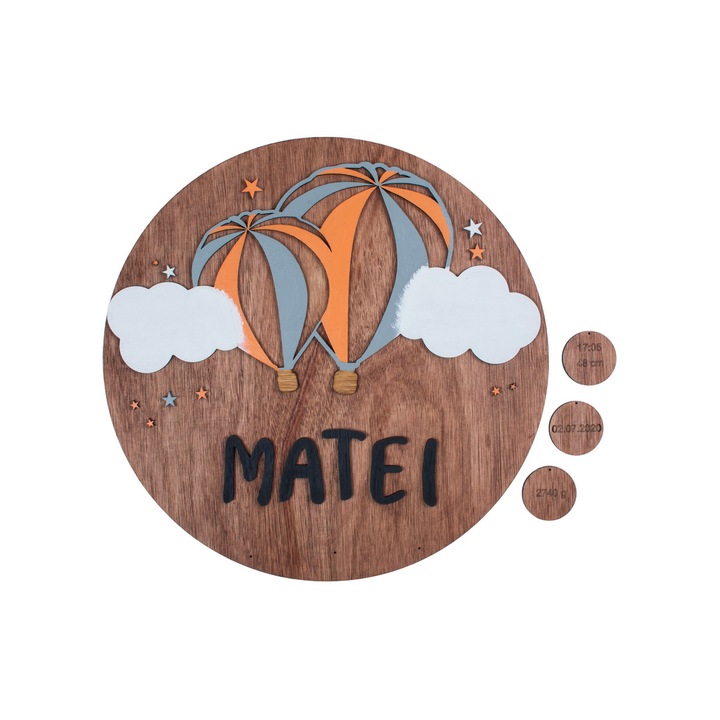 Decor personalizat cu Nume si detaliile nasterii din lemn Balon cu aer cald